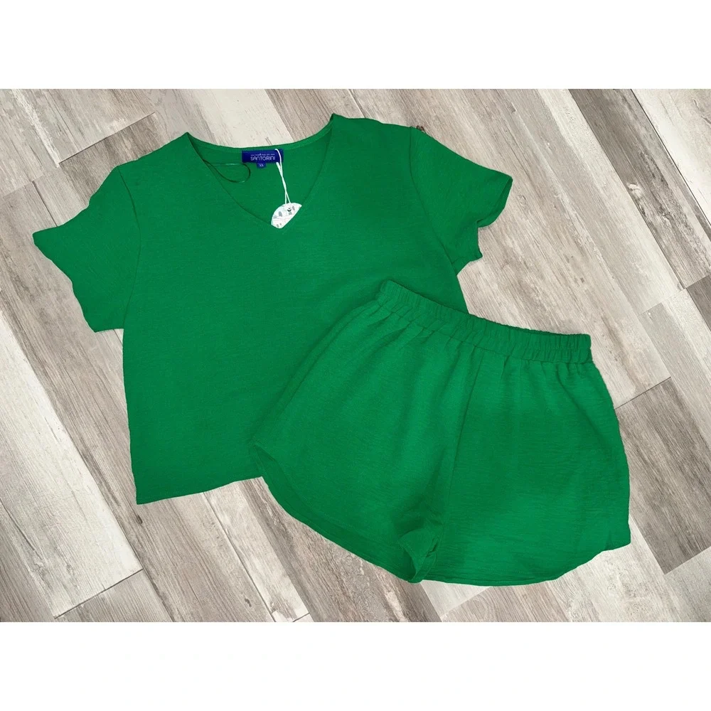 Meet Me In Santorini Short Set Women Green V-Neck Top Elastic Shorts XS